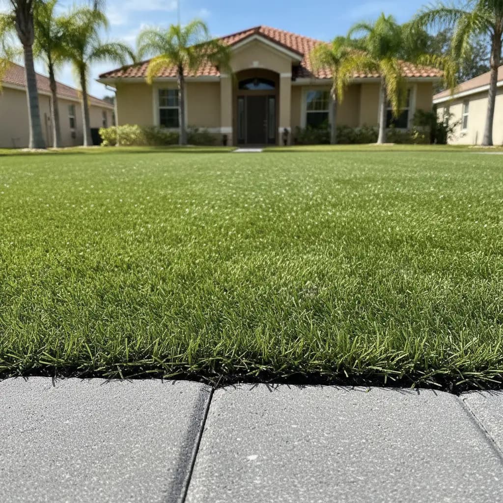 Artificial turf lawn next to a gray paver border