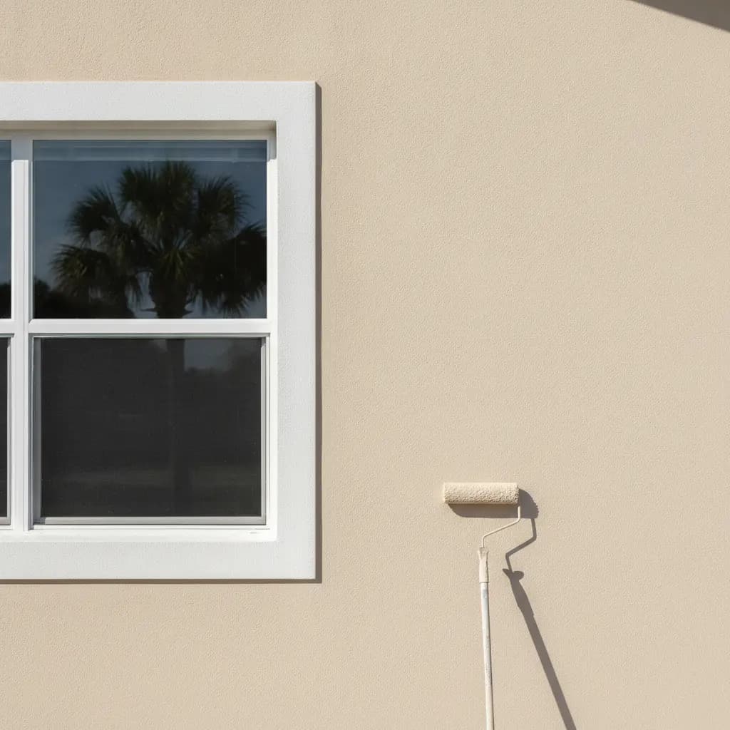Freshly painted stucco wall with white window trim